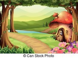 Vector Clipart of House in the woods.