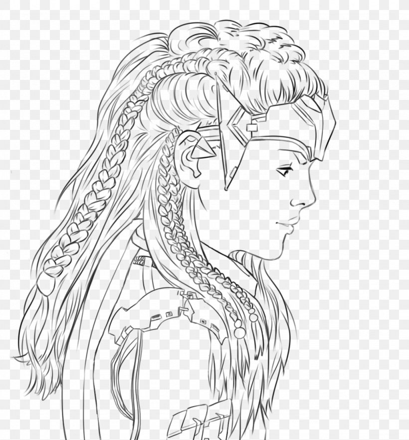 Horizon Zero Dawn Aloy Line Art Drawing Sketch, PNG.