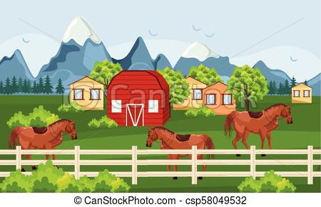 Horses farm, green field Vector. Farm ville sunny summer day backgrounds.