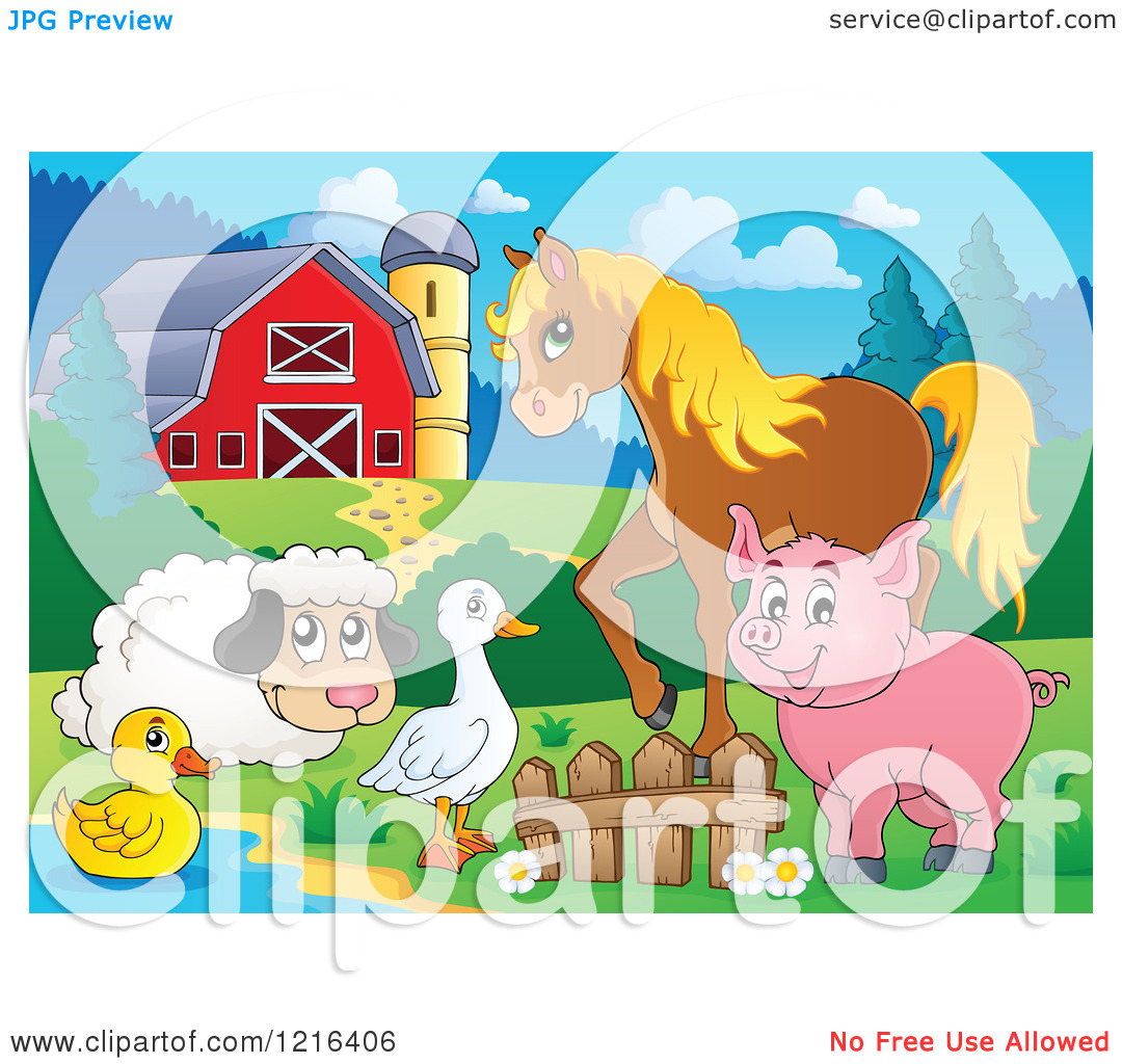 Clipart of a Happy Duck Goose Sheep Pig and Horse by a Pond in a.