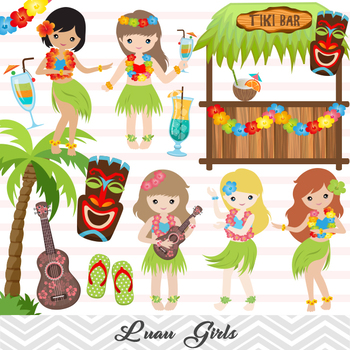 Digital Luau Girl Clip Art, Hawaii Clip Art, Tiki Clipart, Hula Girl Clipart.