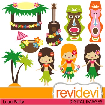 Clip art Hawaiian Party (girls, luau, plumeria, tiki).