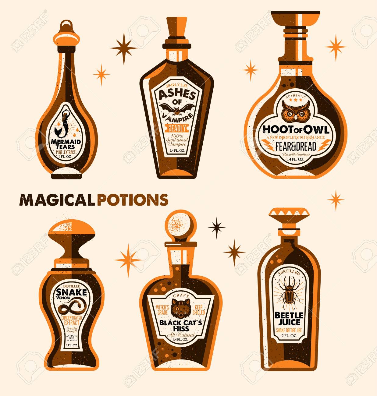 Halloween Bottle Labels Potion Labels. Vector Illustration..