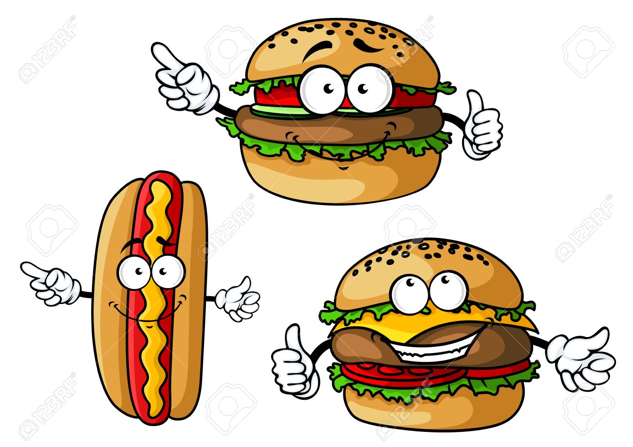 Funny hamburgers and hot dog cartoon characters with appetizing...