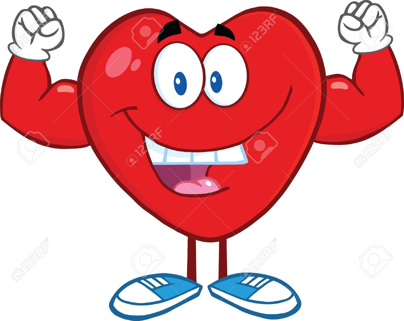 Happy Heart Cartoon Mascot Character Showing Muscle Arms.