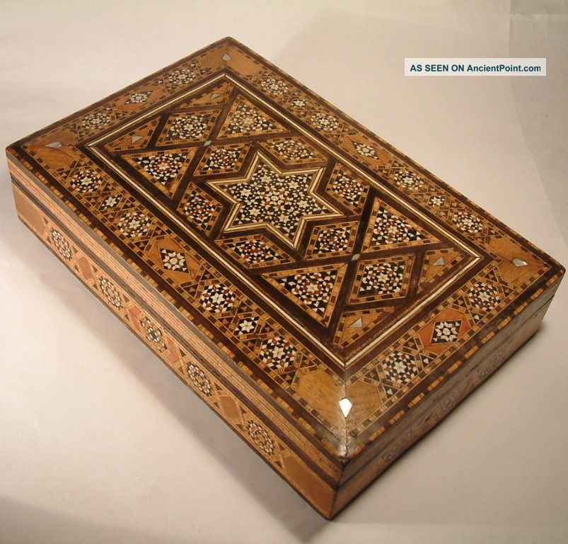 Antique Syrian Islamic Micro Mosaic Inlaid Wood Jewellery Box.