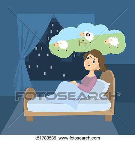 Woman with insomnia. Clipart.