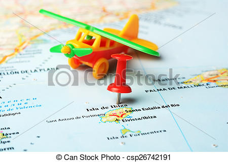 Stock Photographs of Ibiza Island ,Spain map airplane.