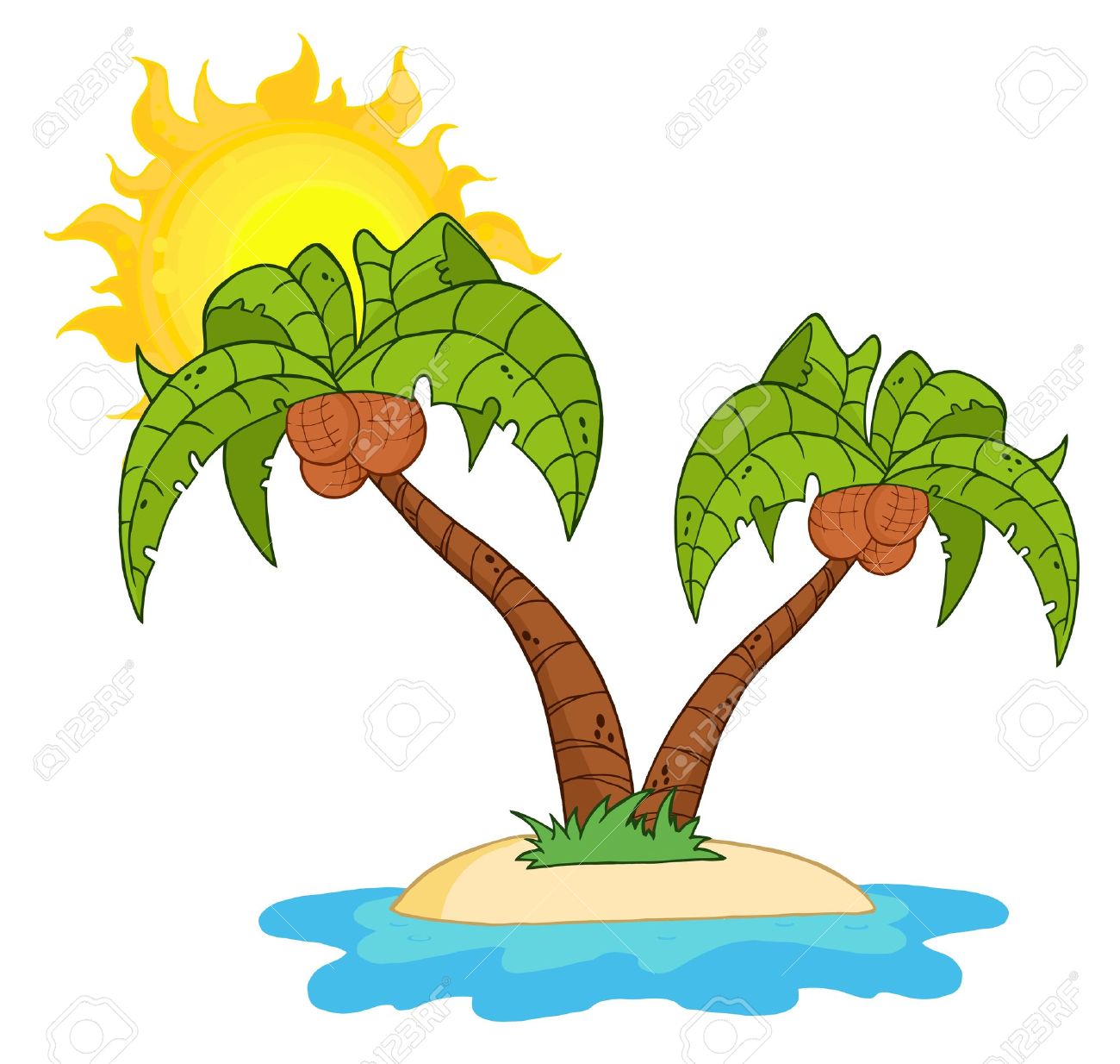 Cartoon Island With Two Palm Tree.