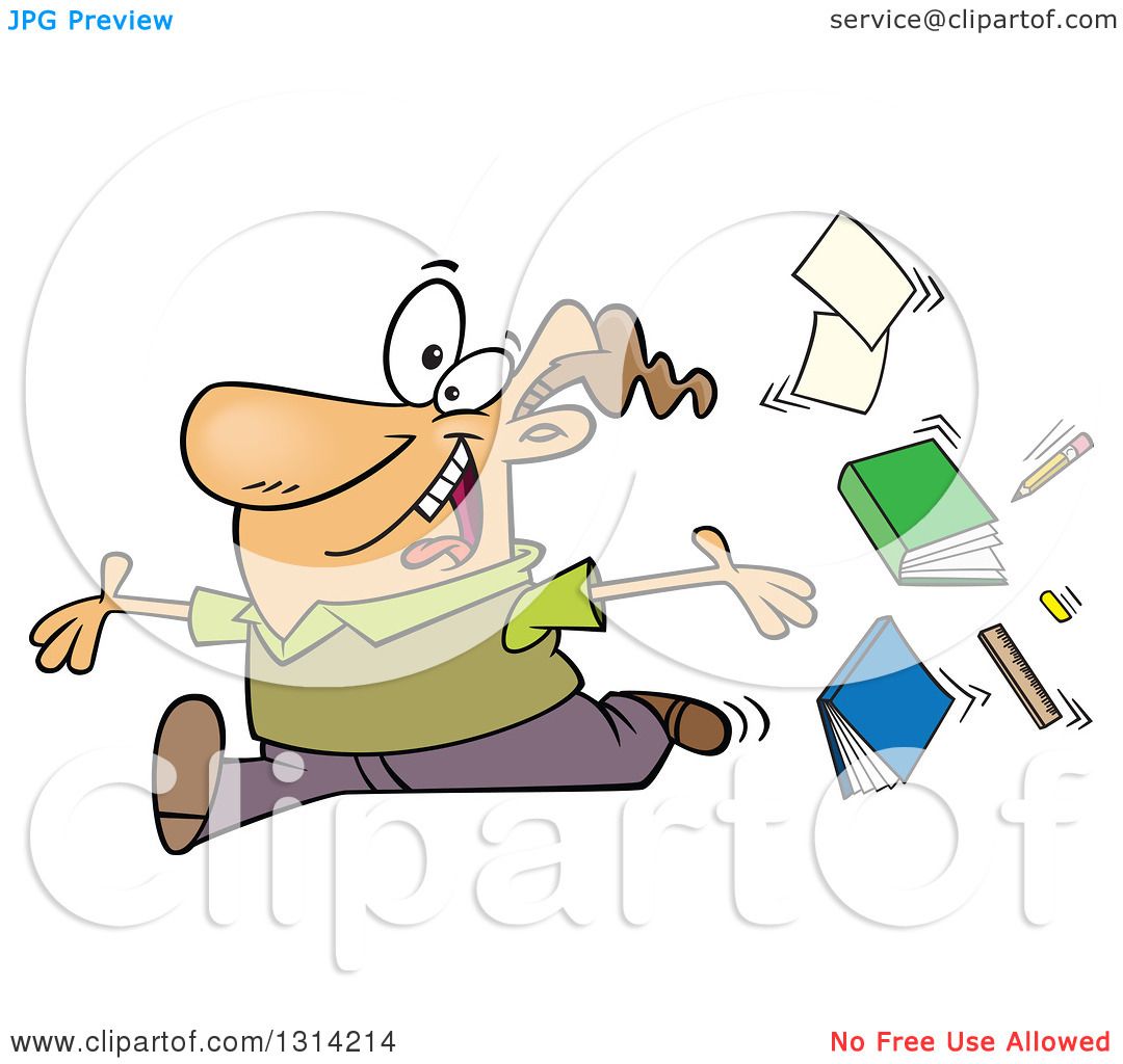 Clipart of a Cartoon Brunette White Male Teacher Tossing up Books.