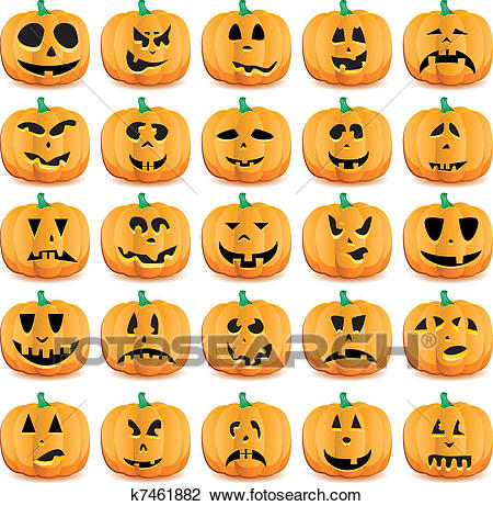 Big set of halloween pumpkins with Jack O`Lantern face, vector illustration  Clipart.