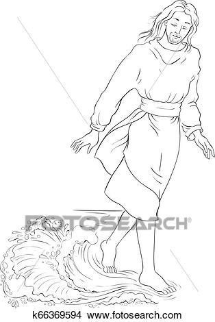 Bible story. Jesus walking on water. Vector cartoon christian coloring page  Clipart.