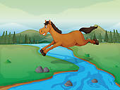 Drawings of A horse jumping over a river hws0004.