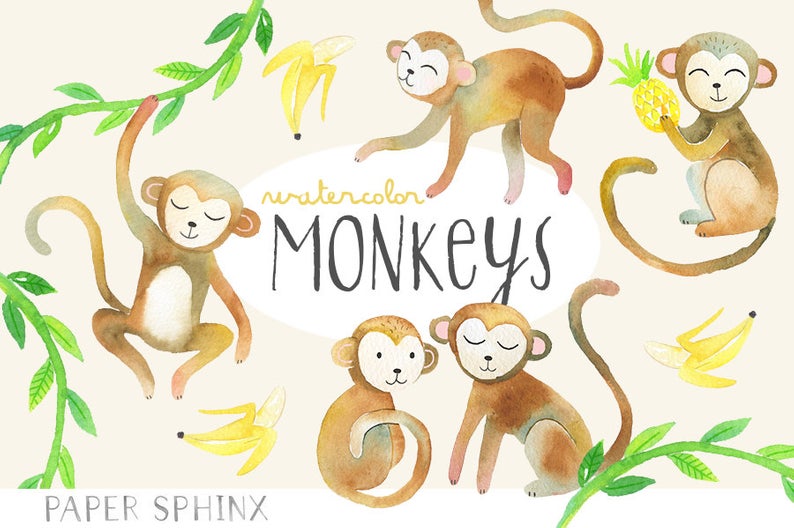 Watercolor Monkeys Clipart.