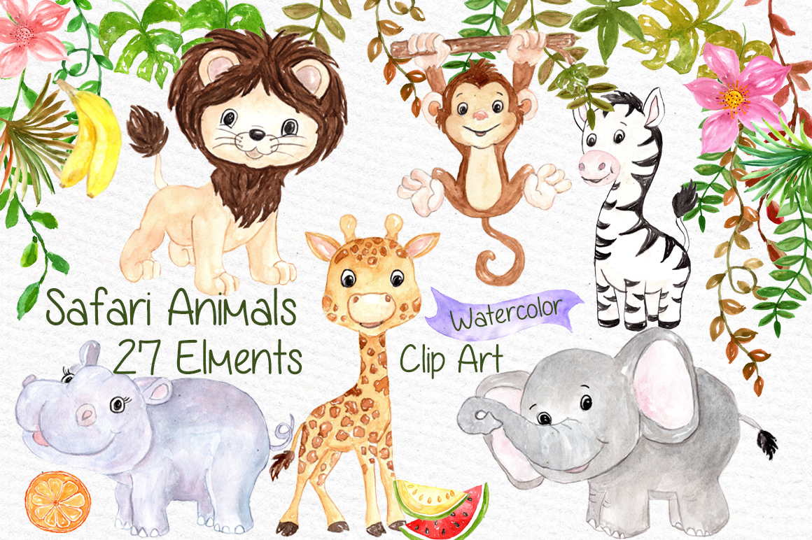 Watercolor Safari animals clipart Kids Jungle Animals clipart.