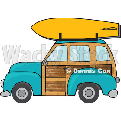 Clipart Blue Woodie Station Wagon With A Surfboard On Top.