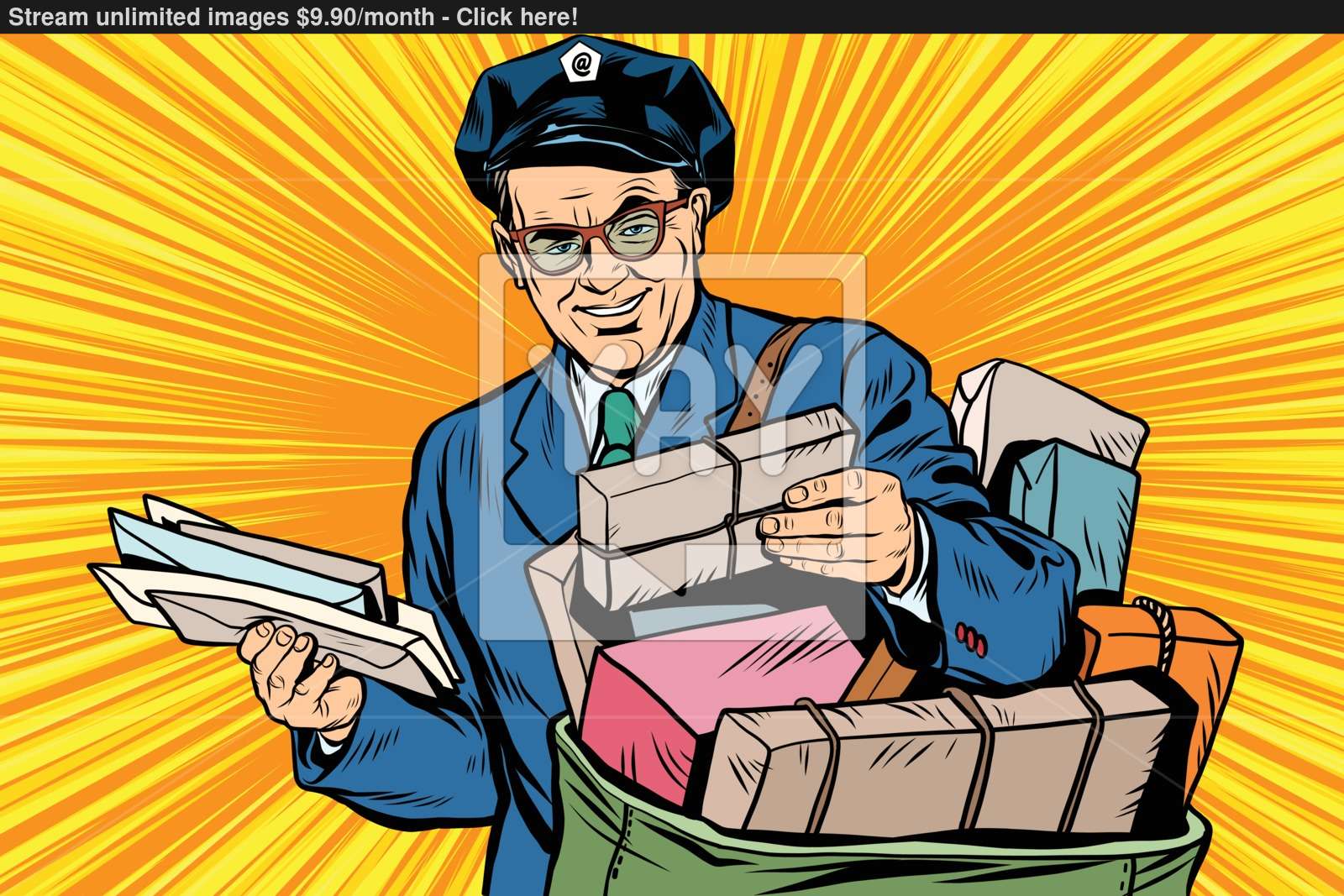 Cheerful retro oldster postman pop art vector.