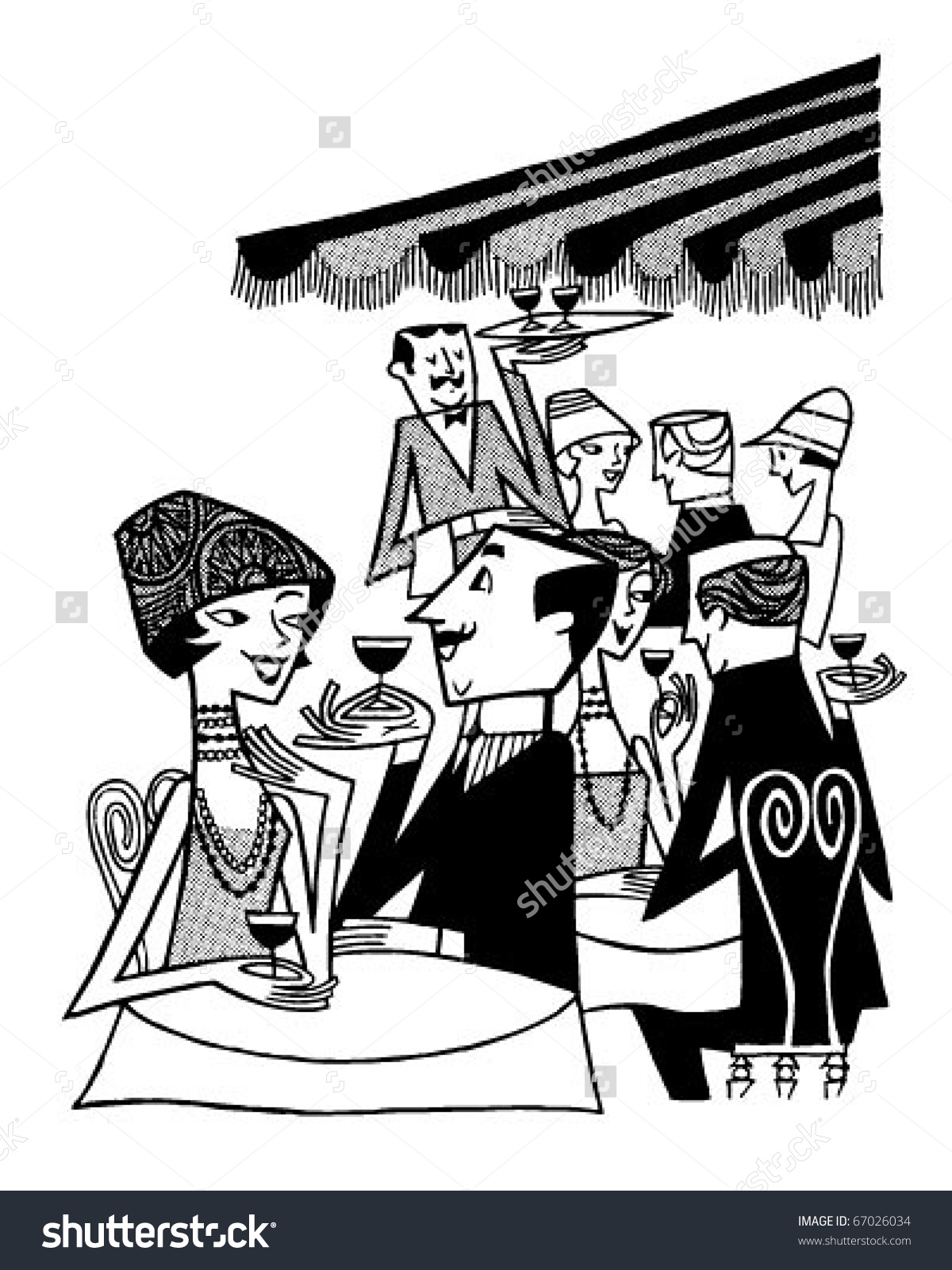 Outdoor Cafe Scene Retro Clipart Illustration Stock Vector.