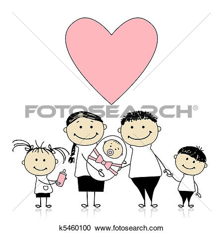 Clipart of Happy parents with children, newborn baby in hands.