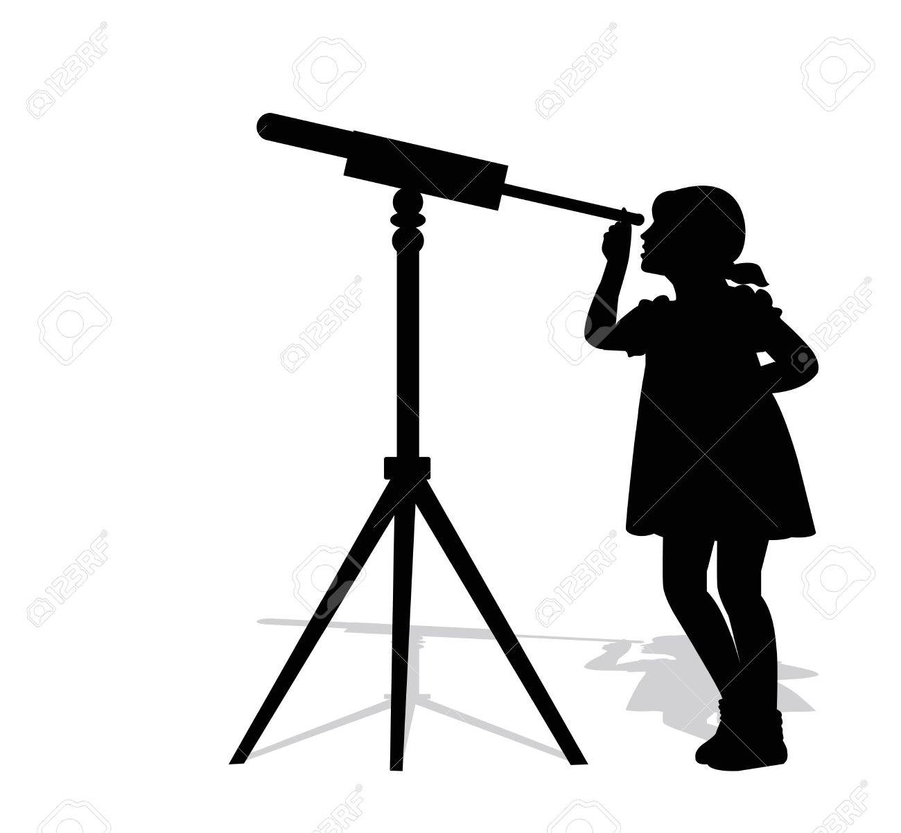 silhouette of girl looking through a telescope.