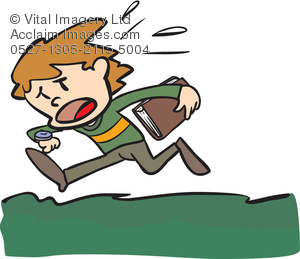 Cartoon Clip Art Illustration of a Boy Who Is Late for School.