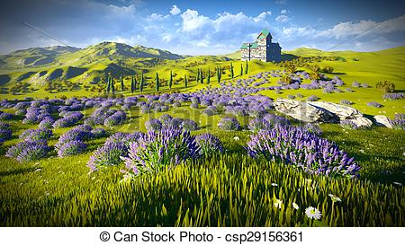 Stock Illustration of Lavender fields around a castle csp29156361.