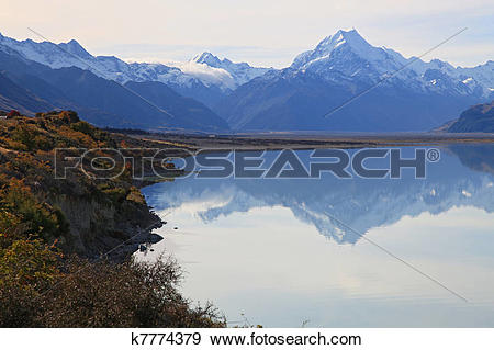 Stock Photograph of Mount cook of lake pukaki k7774379.