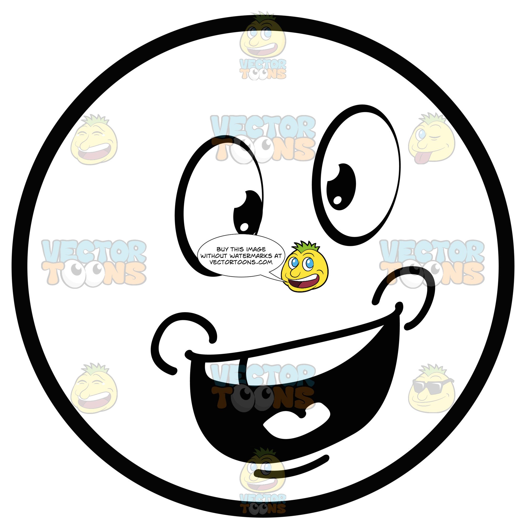 Talking Large Eyed Black And White Smiley Face Emoticon With Chubby Cheeks.