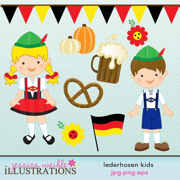 Lederhosen Kids Cute Digital Clipart, Oktoberfest Kids.