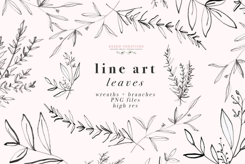 Line Art Leaves Clipart Illustration, Botanical Greenery Foliage, Dainty  Fine Art Eucalyptus Olive Branch, Digital Wreath PNG Floral Clipart.