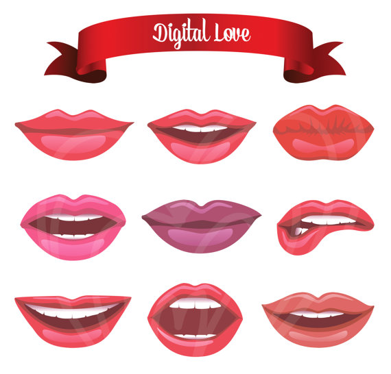 Different types of Luscious Red Lips Clip Art Set Mustache.