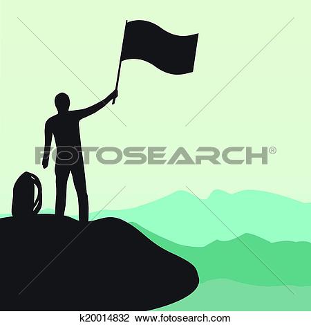 Clipart of Silhouette of man with flag on top the high mountain.