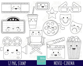 MOVIE clipart, cinema graphics, film clipart, theather, kawaii, BLACK AND  WHITE.