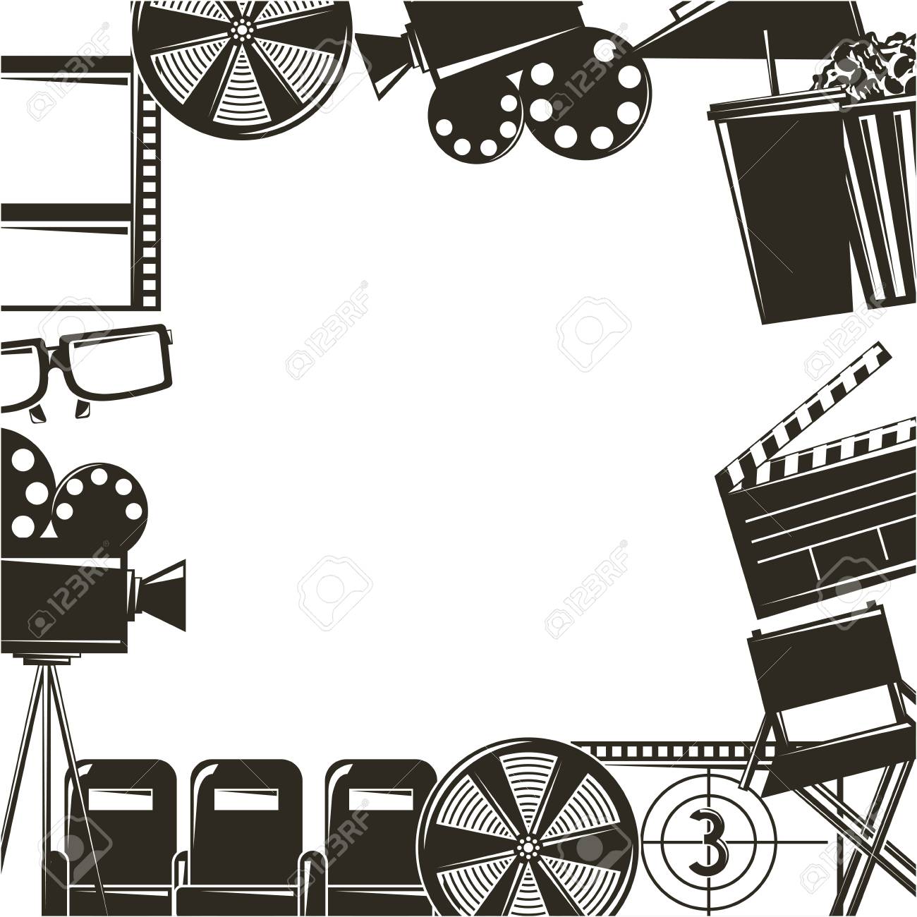 Border with cinema movie film equipment icons..