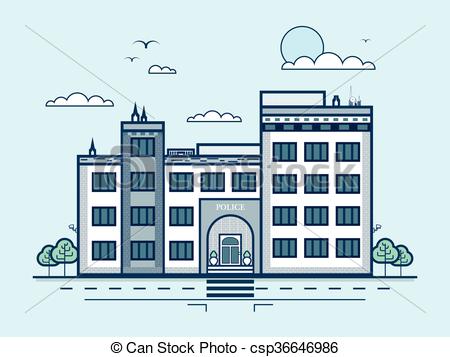 Vector of city street with police station, modern architecture in.