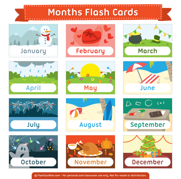 Printable Months Flash Cards.