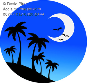 Clip Art Image of Palm Trees On a Hill With Birds and a Half Moon.