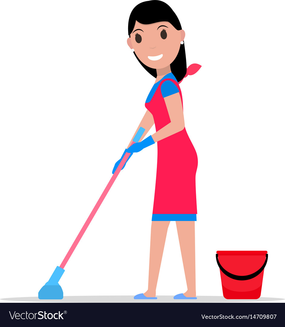 Cartoon girl mop and bucket washes floors.