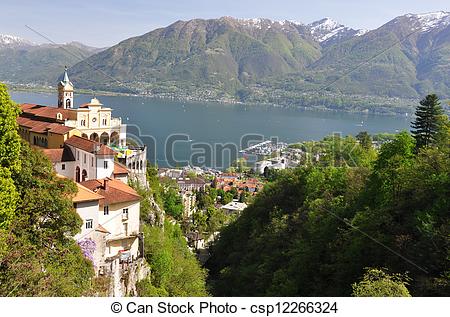 Stock Photo of Madonna del Sasso, medieval monastery on the rock.