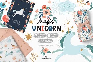 Magical Unicorn. Clipart & patterns.