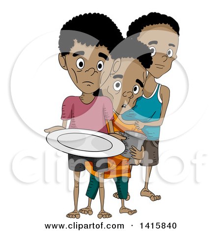 Clipart of Malnourished Boys in Line for Food.