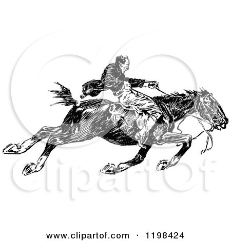 Clipart of a Black and White Vintage Man Riding a Fast Horse.