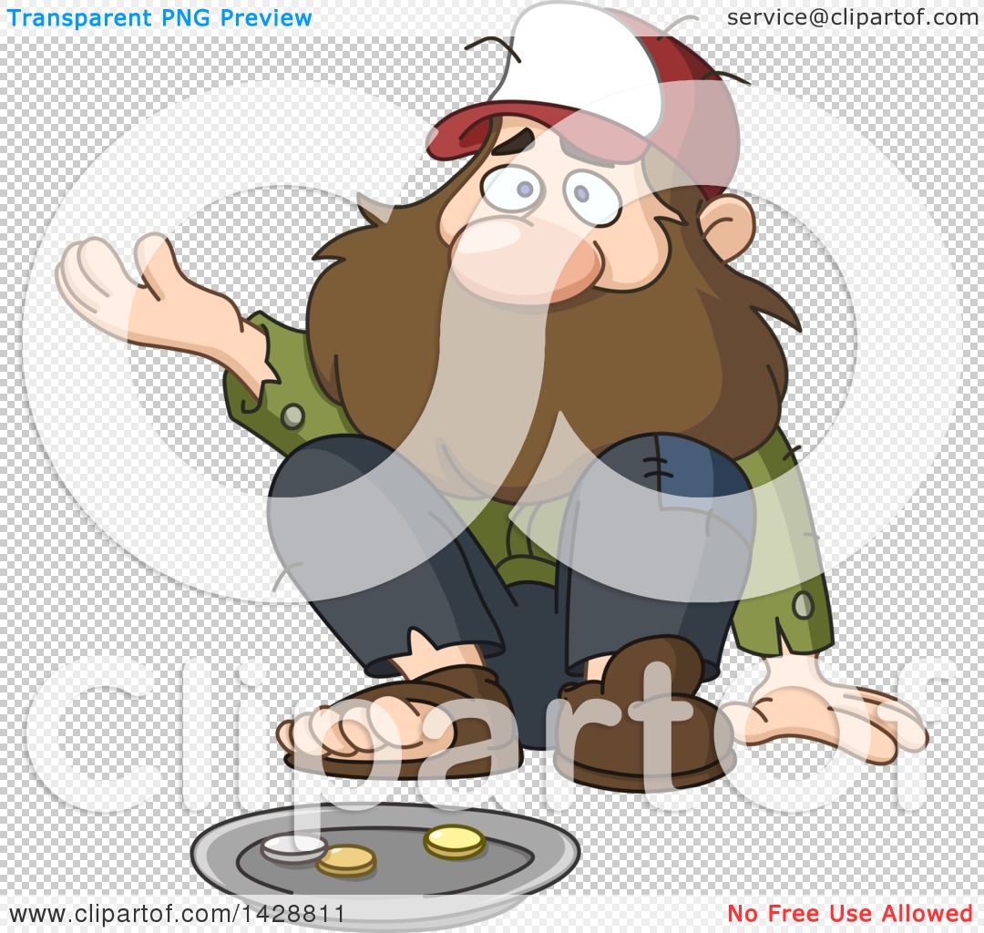 Clipart of a Cartoon Bearded Caucasian Homeless Man Begging.