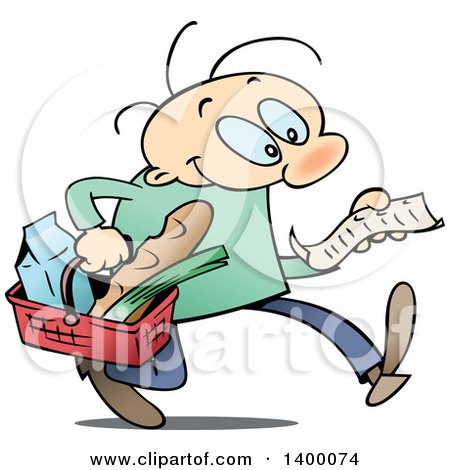 Clipart of a Cartoon Caucasian Man Grocery Shopping for Superbowl.