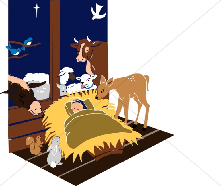 Manger Scene with Jesus and Animals.