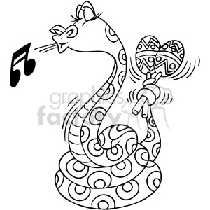 snake playing the maracas in black and white clipart. Royalty.