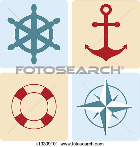 Clipart of maritime symbols: anchor, life buoy, the wind rose, the.