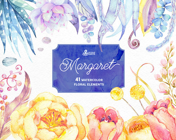 Margaret. 41 Watercolor Elements clipart peony succulents.