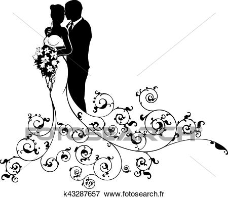 Mariée marié, couple, mariage, silhouette, résumé Clipart.