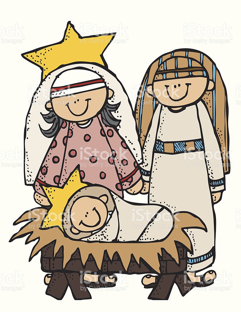 Folk Art Nativity Family Illustration Mary Josephand Baby Jesus.